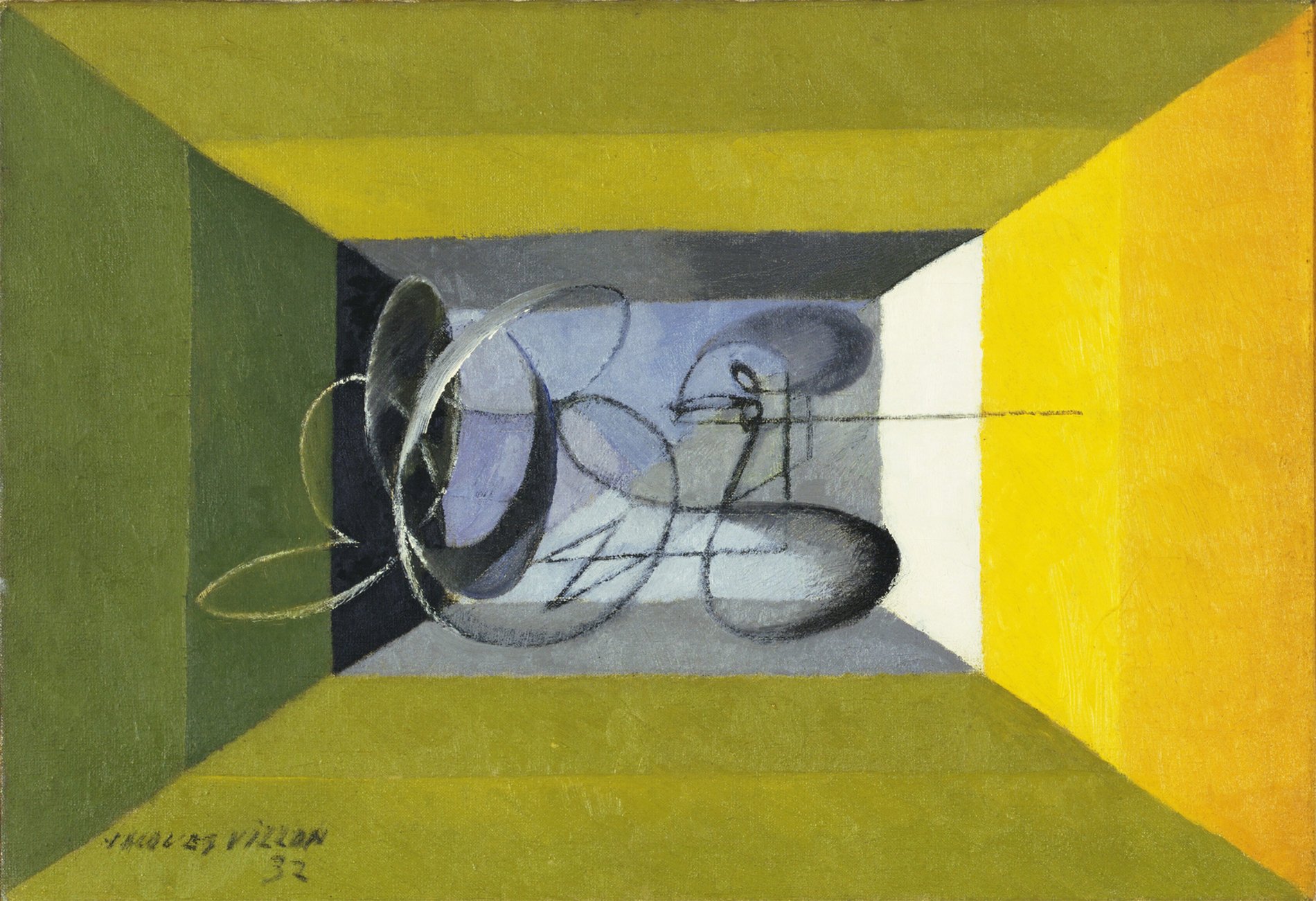 "Dance" by Jacques Villon, 1932, an abstract painting featuring a central geometric tunnel-like form with surrounding angular shapes in green and yellow, creating an illusion of depth and movement.