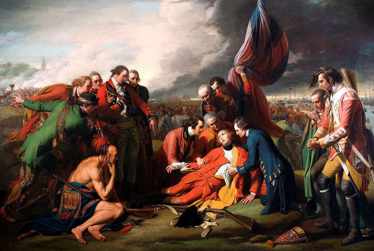 A painting titled "The Death of General Wolfe" by Benjamin West. It depicts the mortal wounding of British General James Wolfe during the Battle of the Plains of Abraham in 1759. The scene is highly dramatized, with Wolfe lying in the arms of his soldiers, his face illuminated and serene despite the chaos of battle around him. A Native American warrior sits pensively to the side, while in the background, the smoke of battle obscures the skies and the distant view of ships indicates the larger military engagement. The painting is an iconic representation of heroism and sacrifice in war.