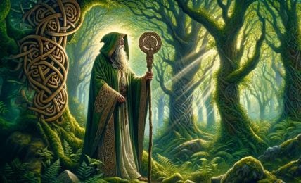 An illustration of a Celtic Druid in a green robe, holding a staff with a Celtic symbol, standing in a mystical forest with sun rays filtering through the trees.