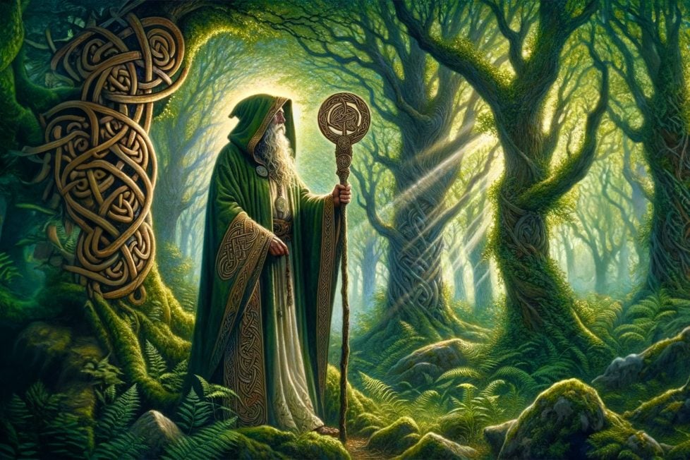 An illustration of a Celtic Druid in a green robe, holding a staff with a Celtic symbol, standing in a mystical forest with sun rays filtering through the trees.