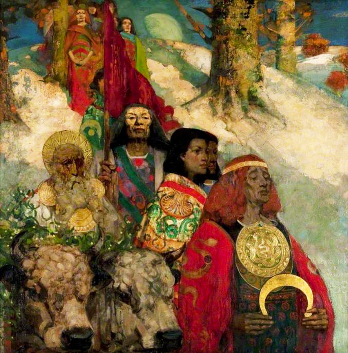 Ceremonial procession of Druids in ornate robes carrying the sacred mistletoe, cut with a golden sickle, down a hillside, reflecting Celtic reverence for the plant's magical and medicinal properties.