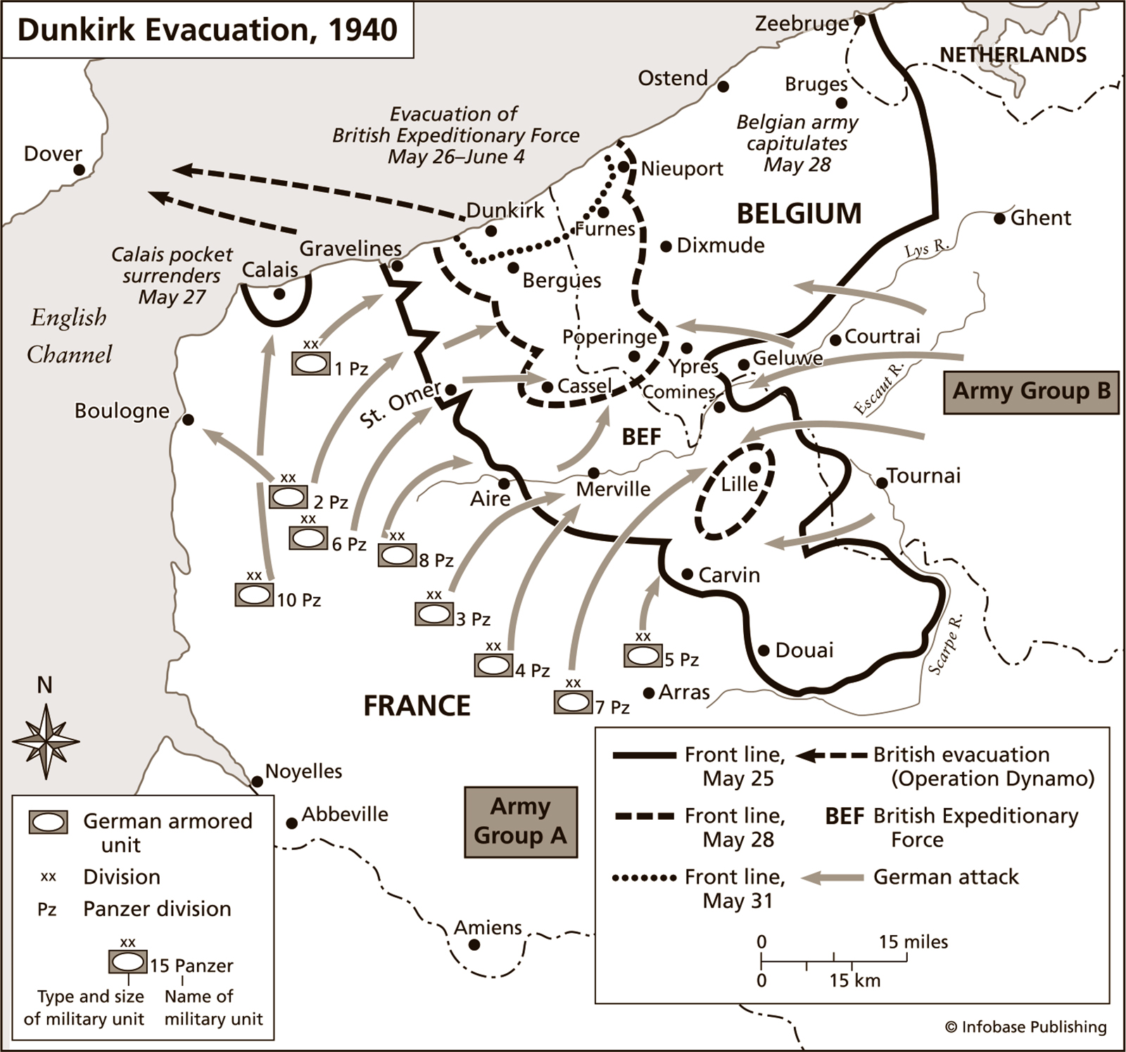 A detailed strategic map illustrating the Dunkirk Evacuation in 1940, showing the positions and movements of German armored units, divisions, and the Panzer divisions, as well as the British Expeditionary Force's evacuation routes and front lines at various dates. Key locations in France and Belgium are marked, with symbols and lines indicating military units and front lines, alongside a legend for clarification.