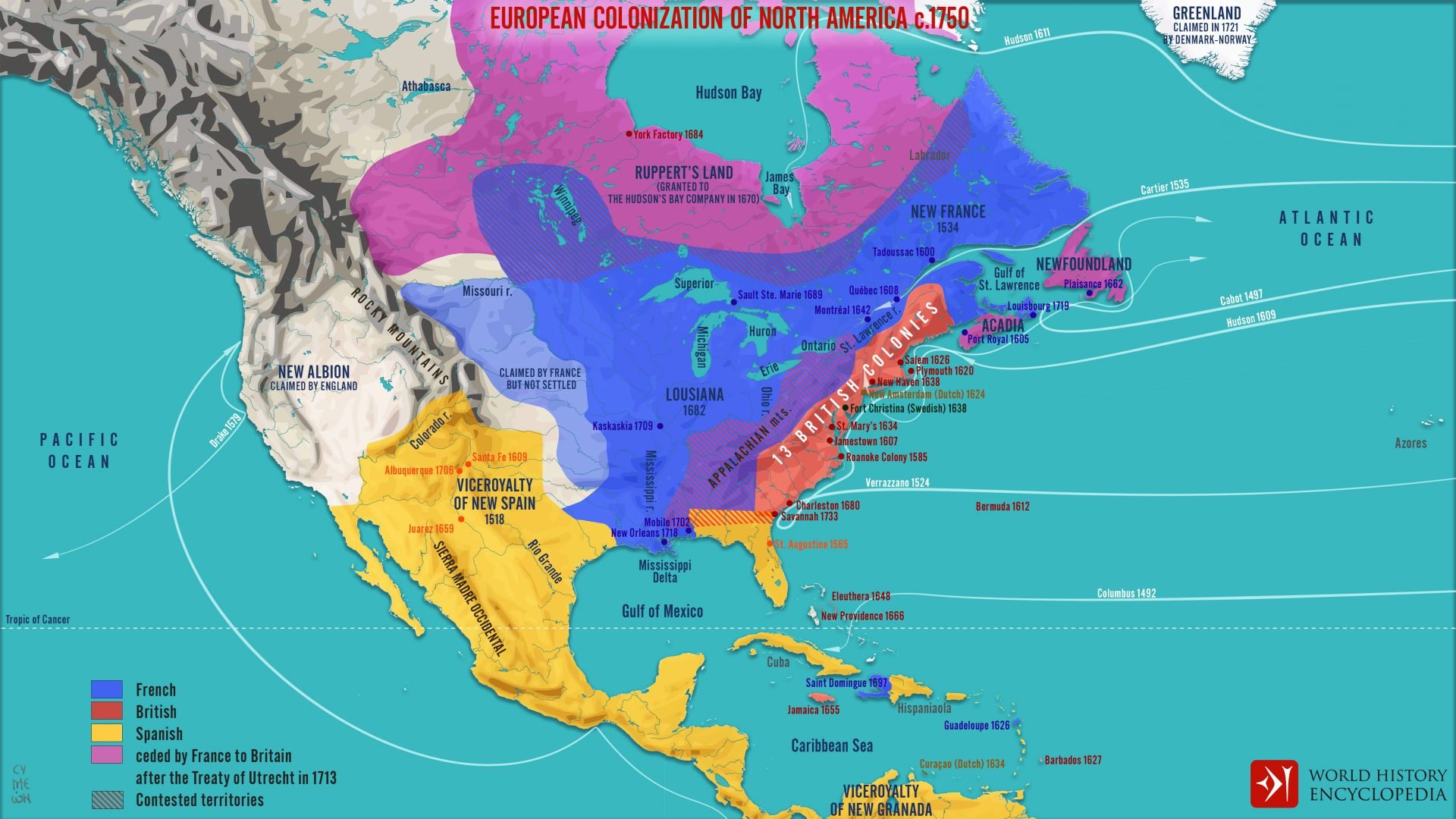 A detailed map depicting the European colonization of North America around the year 1750. It shows various territories marked in different colors to represent the colonial powers: purple for French territories, red for British, yellow for Spanish, and green for areas ceded by France to Britain after the Treaty of Utrecht in 1713. Contested territories are also indicated. The map includes notable settlements, dates of colonization, and geographical features such as rivers and mountain ranges. Key locations and historical claims, such as New France, Louisiana, the Viceroyalty of New Spain, and British colonies along the eastern coast, are clearly marked. Additionally, the map outlines the shifting power dynamics and territorial changes in the wake of the Treaty of Utrecht.