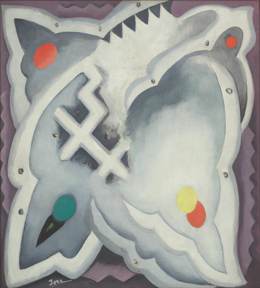 "Extemporaneous" by Helen Torr, 1927, an abstract painting with a central grey curvilinear form surrounded by jagged edges, intersected by dark patterns, and accented with small circles of red, yellow, and green, creating a balanced composition.