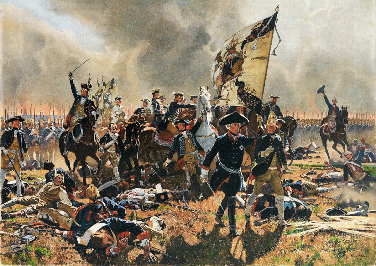 A historical painting depicting Frederick the Great at the Battle of Zorndorf in 1758. The scene shows the chaos of battle with Prussian soldiers and cavalry engaged in combat. Frederick the Great is prominently featured, likely commanding his troops amidst the fray. Fallen soldiers and the smoke of gunfire fill the battlefield, capturing the intensity and turmoil of the conflict.