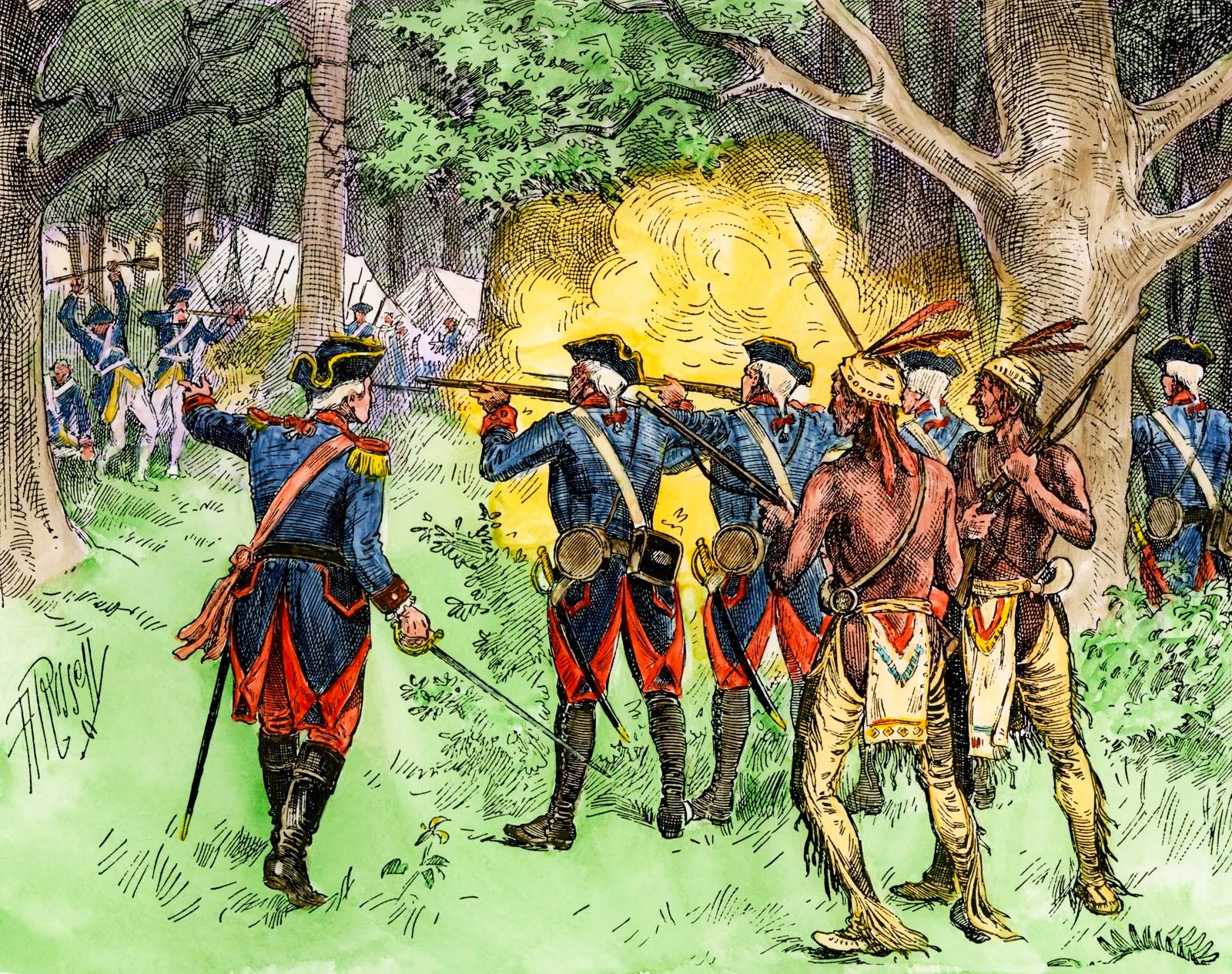 An illustration from the French and Indian War, showing a scene of collaboration between European soldiers and Native American warriors. The European soldiers, dressed in blue uniforms with red accents and black tricorne hats, are firing their muskets. Beside them, two Native American allies, wearing traditional clothing with feathered headbands, are poised with weapons ready. They are all in a forest setting, indicative of the guerilla-style warfare common in the conflict. The scene captures the alliance between French troops and various Native American tribes during the war, which was part of the larger Seven Years' War.