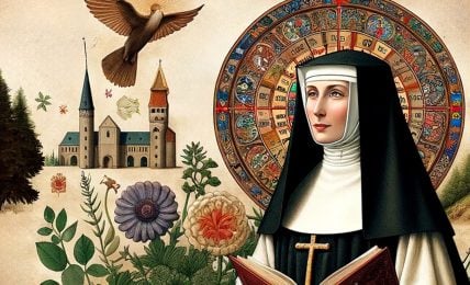 An artistic representation of Hildegard of Bingen, featuring her in traditional black and white monastic habit with a gold cross hanging from her neck. She holds a red book, symbolizing her scholarly work. To her left is a circular diagram filled with intricate designs and symbols, possibly representing her visions or musical compositions. In the background, there's a rustic depiction of a monastery, suggesting her association with monastic life. Herbal plants in the foreground allude to her work in medicine and natural history, while a dove above symbolizes divine inspiration. The overall image combines elements of nature, architecture, and spirituality, encapsulating Hildegard's multifaceted legacy.