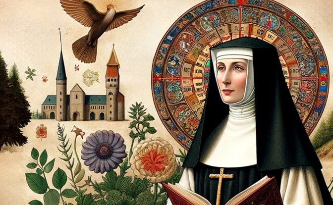 An artistic representation of Hildegard of Bingen, featuring her in traditional black and white monastic habit with a gold cross hanging from her neck. She holds a red book, symbolizing her scholarly work. To her left is a circular diagram filled with intricate designs and symbols, possibly representing her visions or musical compositions. In the background, there's a rustic depiction of a monastery, suggesting her association with monastic life. Herbal plants in the foreground allude to her work in medicine and natural history, while a dove above symbolizes divine inspiration. The overall image combines elements of nature, architecture, and spirituality, encapsulating Hildegard's multifaceted legacy.