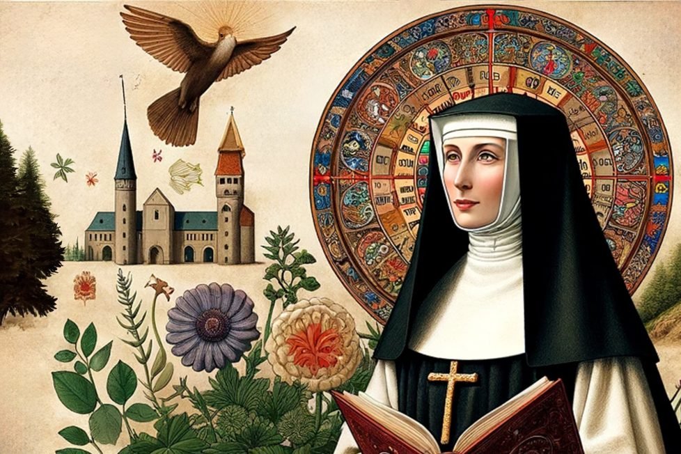 An artistic representation of Hildegard of Bingen, featuring her in traditional black and white monastic habit with a gold cross hanging from her neck. She holds a red book, symbolizing her scholarly work. To her left is a circular diagram filled with intricate designs and symbols, possibly representing her visions or musical compositions. In the background, there's a rustic depiction of a monastery, suggesting her association with monastic life. Herbal plants in the foreground allude to her work in medicine and natural history, while a dove above symbolizes divine inspiration. The overall image combines elements of nature, architecture, and spirituality, encapsulating Hildegard's multifaceted legacy.