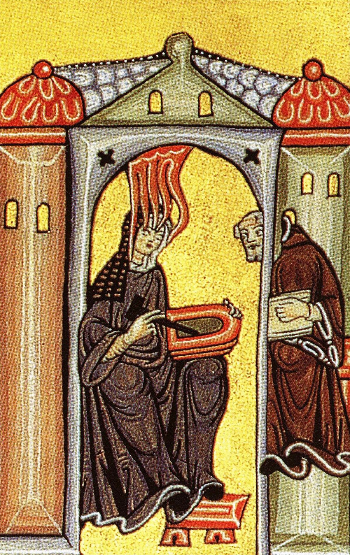 Illumination from Hildegard's Scivias (1151) showing her receiving a vision and dictating to teacher Volmar