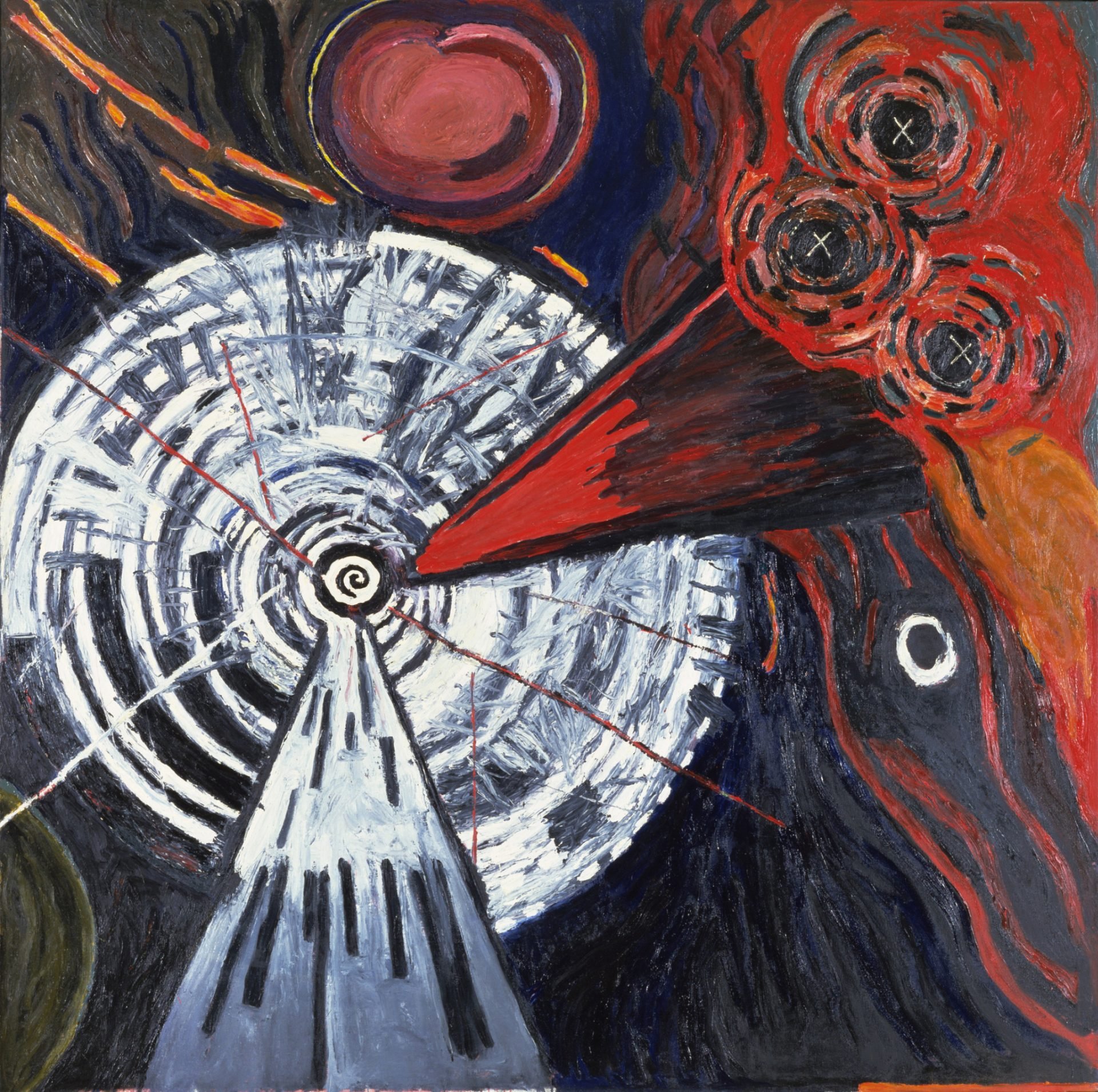 "I am an American... Uneasy Dreams" by Katherine Porter, 1981, an abstract painting with a central spiral and radiating red and black forms, embodying a dynamic and radiant composition.
