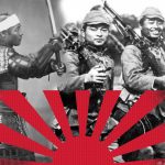 A composite image illustrating Japan's military evolution, with a traditional samurai on the left and WWII-era Japanese soldiers on the right, divided by the Japanese rising sun flag.
