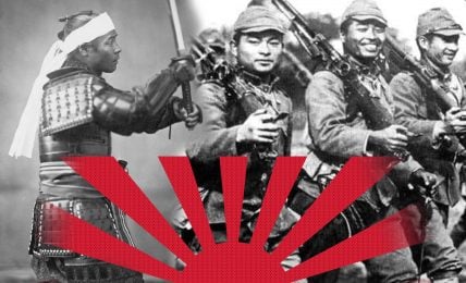 A composite image illustrating Japan's military evolution, with a traditional samurai on the left and WWII-era Japanese soldiers on the right, divided by the Japanese rising sun flag.