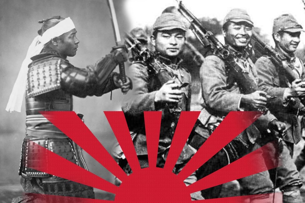 A composite image illustrating Japan's military evolution, with a traditional samurai on the left and WWII-era Japanese soldiers on the right, divided by the Japanese rising sun flag.