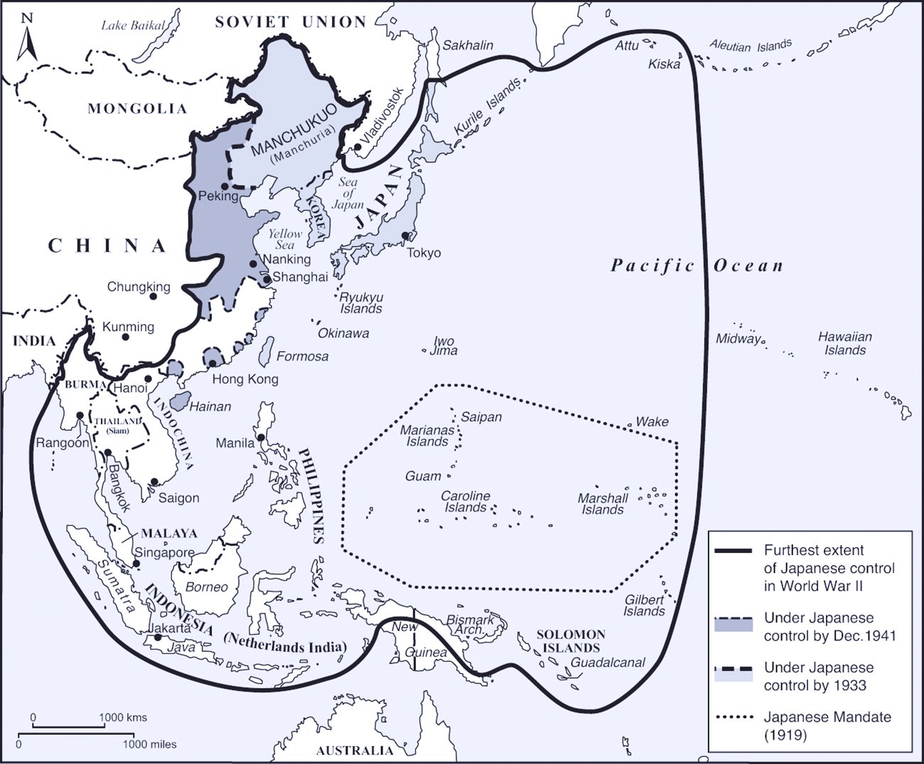 Map showing Japan’s territorial control before and during World War II, with areas marked for the furthest extent of control during the war, territories held by December 1941, regions under control by 1933, and the Japanese Mandate from 1919. Key locations in Asia and the Pacific, including China, the Soviet Union, Southeast Asia, and the Pacific islands, are labeled, with significant cities and bodies of water indicated. The map highlights Japan's expansive reach across the Pacific Ocean.