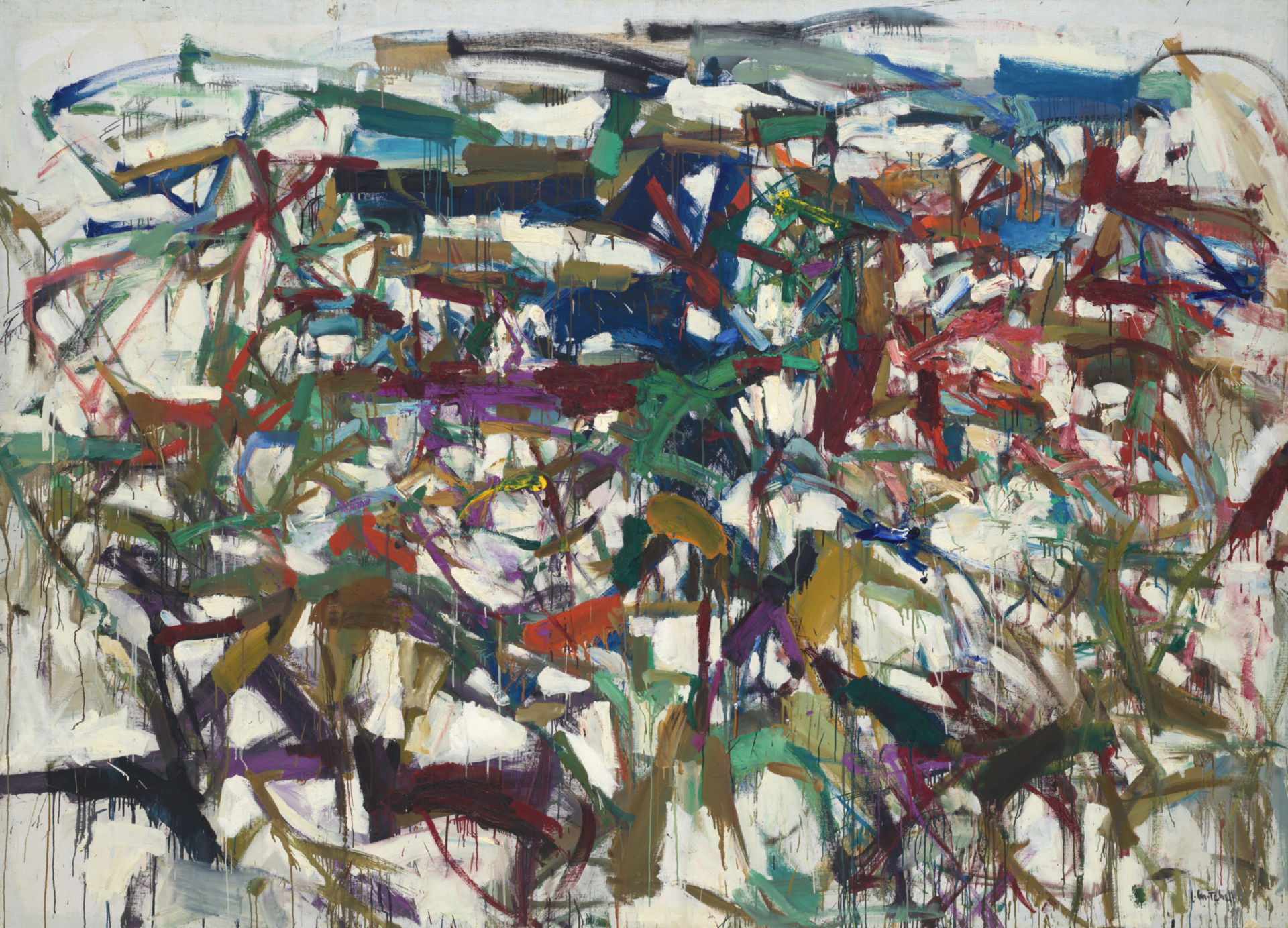 "Ladybug" by Joan Mitchell, 1957, an abstract expressionist painting with dynamic brushstrokes and vibrant colors forming a constellation composition.