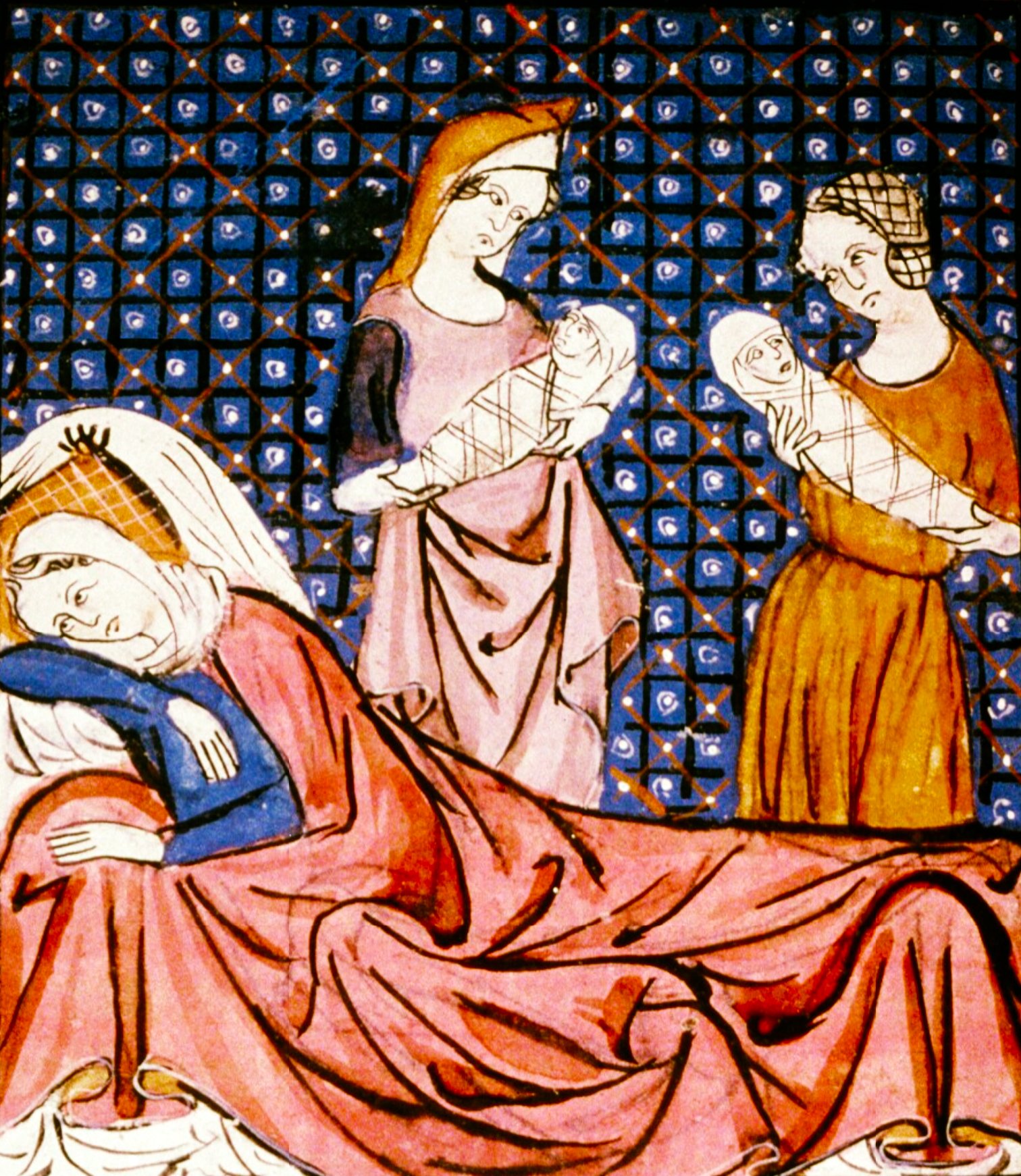 A medieval illustration from MS. Douce 211, dated between 1300-25, depicting a noble woman after childbirth. The noble woman lies in repose, draped in a rich pink gown with blue sleeves, her head resting on a cushion. To her right stands a midwife or nurse, dressed in a purple garment and headpiece, holding the swaddled newborn. Another woman in an orange dress stands nearby, holding another swaddled child.
