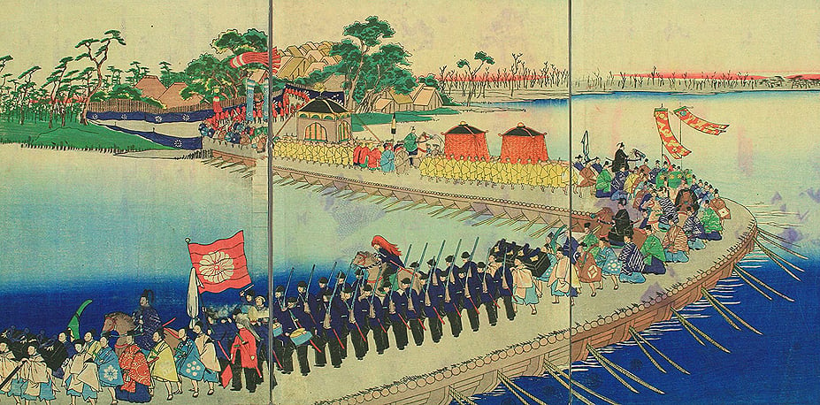 The image is a triptych woodblock print titled "Musashi Rokugō Funawatashi-zu," painted by Yoshitoshi Tsukioka. It depicts a scene from October of the first year of the Meiji era during Emperor Meiji's journey to Tokyo at the Rokugō crossing. The scene shows a total of 2,800 people crossing the Rokugō River (now known as the Tama River) on a specially constructed pontoon bridge. The vibrant colors and detailed depiction of figures in traditional dress capture the significance of this historical moment, showcasing the grandeur of the imperial procession and the transformation during the Meiji Restoration.