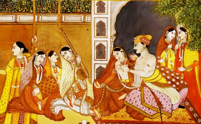 A painting from a provincial Mughal school in India, dated between 1750-1800 AD, depicts a prince with his ladies from the harem or zenana. The scene shows the prince seated in a garden, surrounded by multiple women in vibrant traditional attire, symbolizing their status within the royal quarters. The painting captures the cultural and social dynamics of the Mughal era, highlighting the roles and relationships within the harem and zenana settings.