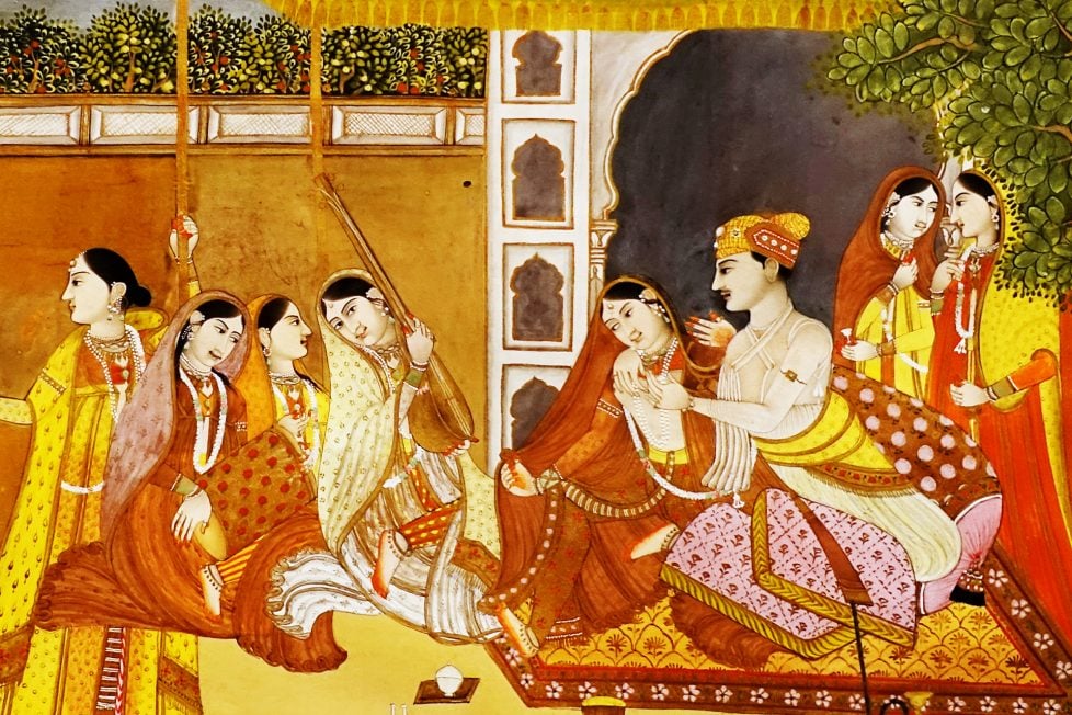 A painting from a provincial Mughal school in India, dated between 1750-1800 AD, depicts a prince with his ladies from the harem or zenana. The scene shows the prince seated in a garden, surrounded by multiple women in vibrant traditional attire, symbolizing their status within the royal quarters. The painting captures the cultural and social dynamics of the Mughal era, highlighting the roles and relationships within the harem and zenana settings.