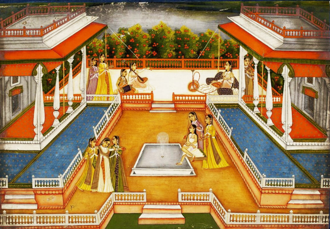A painting rendered in opaque watercolor and gold on paper depicts a scene from a zenana's or harem’s terrace (a women's section of a house), flanked by pavilions, featuring a fountain and bathing pool in the forefront. One lady bathes her feet in the pool, another leans on two attendants to the left, and a third woman, in the background, enjoys her huqqa while listening to musicians. Fruit trees and a grey sky form the backdrop of the terrace scene.