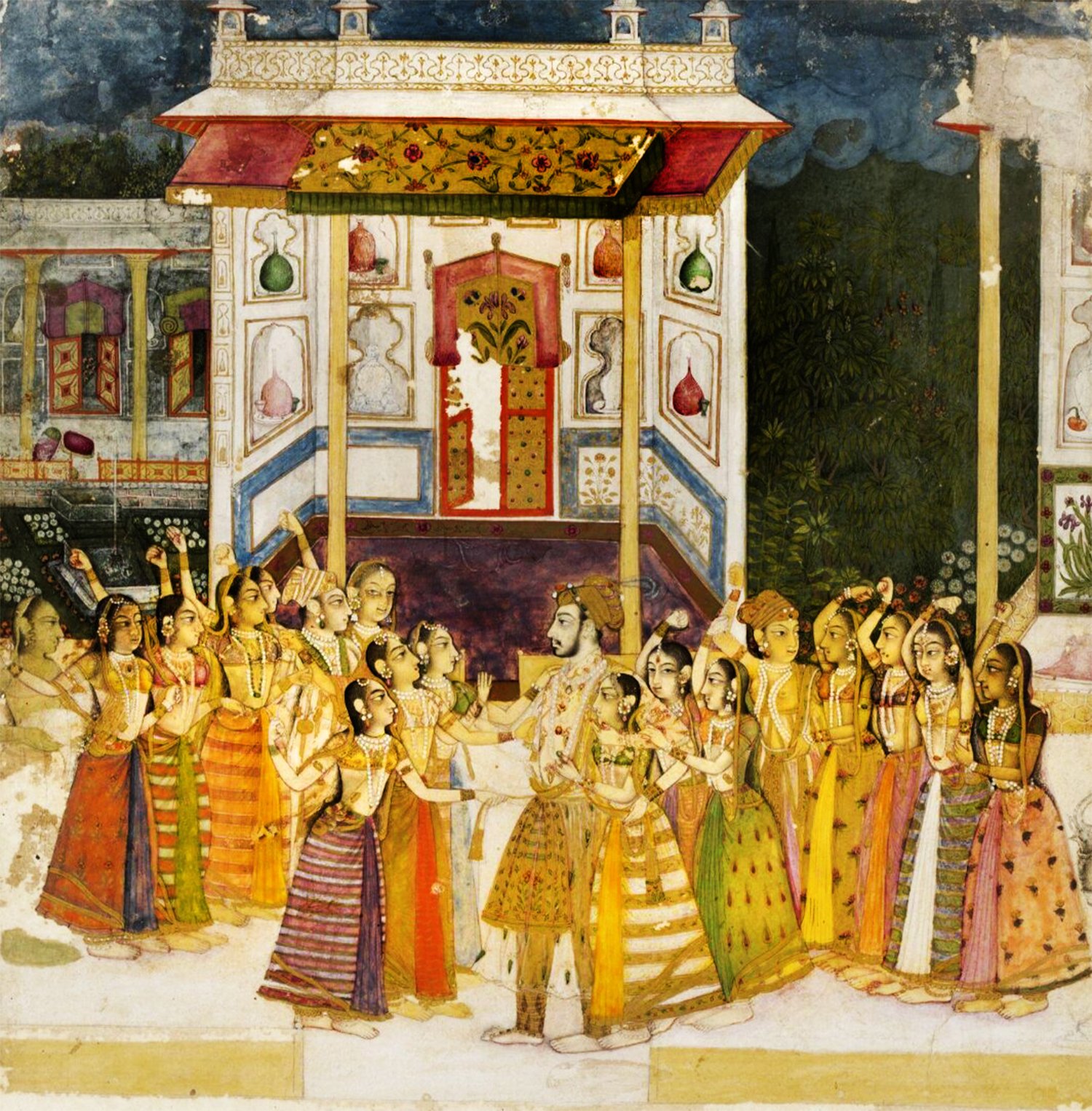 An opaque watercolor painting on paper depicting a Mughal prince being celebrated by the women of the palace, harem, or zenana. The prince stands at the center, surrounded by a group of elegantly dressed women who appear to be greeting or honoring him. The intricately detailed scene captures the rich attire and cultural setting of the period.