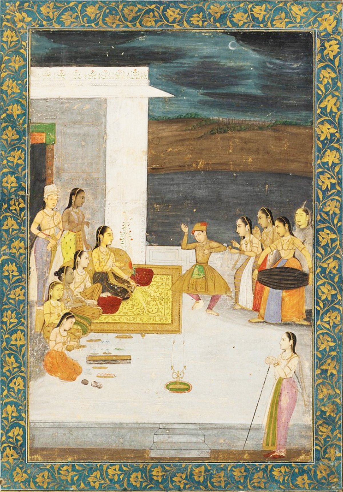 A painting from the early 18th century Mughal Dynasty, illustrating a scene where a princess is entertained by a dancer. The image captures the princess seated on a lavish carpet, surrounded by attendants and musicians in a spacious terrace under a night sky. The setting is framed by a detailed floral border, adding to the richness of the scene.