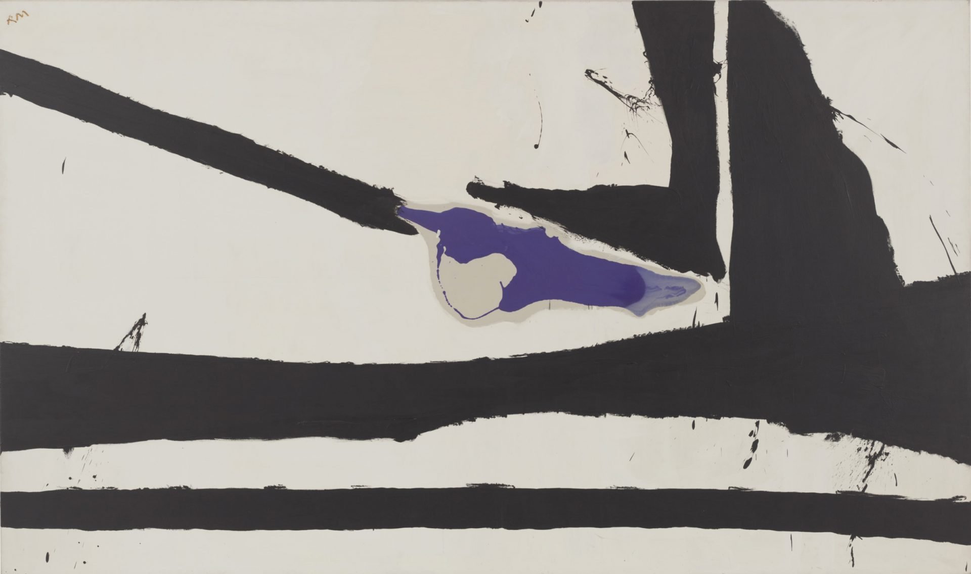 "New England Elegy 2" by Robert Motherwell, 1965-66, an abstract expressionist painting with bold black horizontal and vertical brushstrokes on a white background, and a focal blue shape, forming an 'L' or rectangular composition.