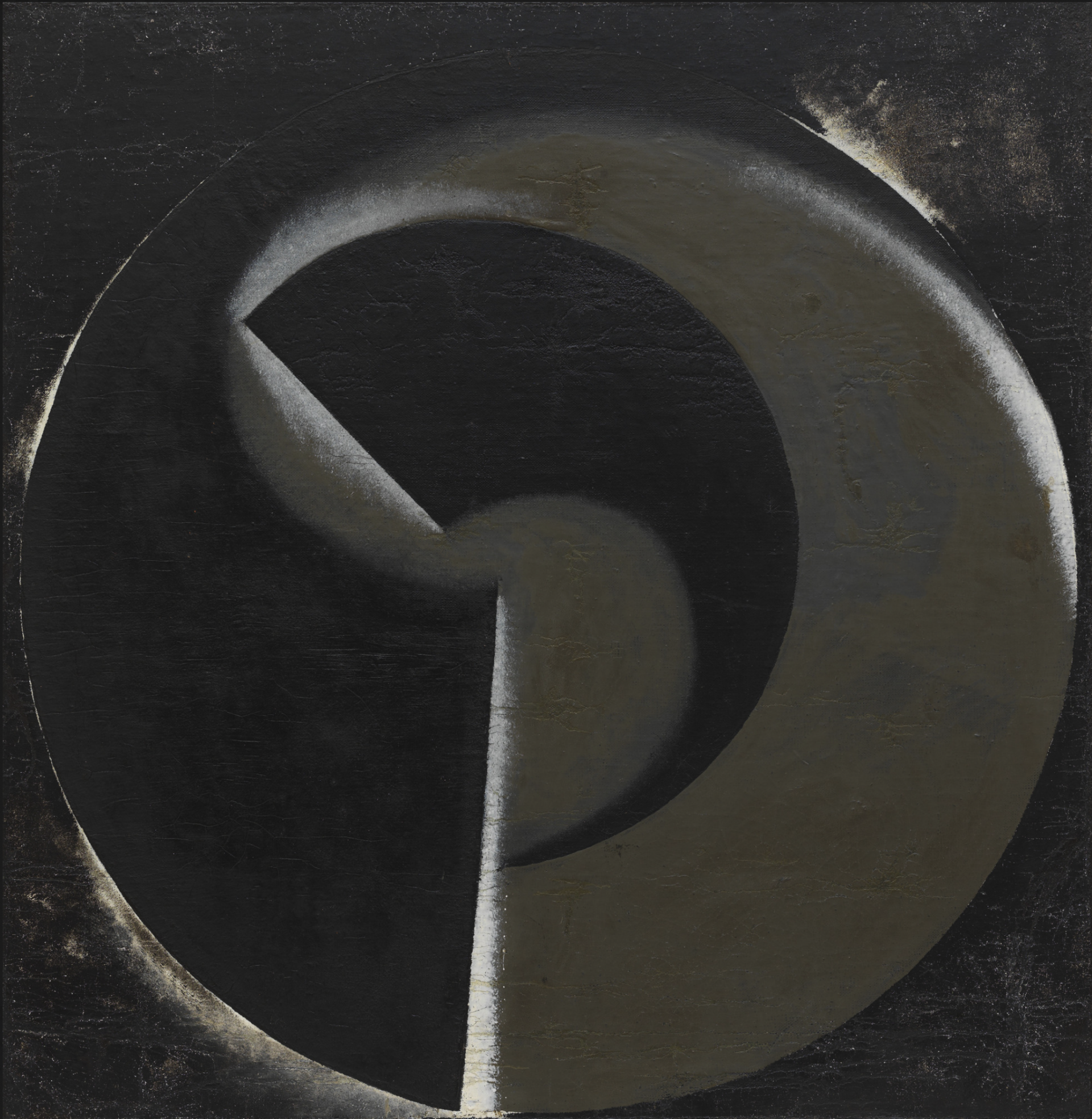  "Non-Objective Painting no. 80 (Black on Black)" by Aleksandr Rodchenko, featuring a large circle segmented by curving shapes in black and metallic gold, creating a textured and reflective curvilinear composition.