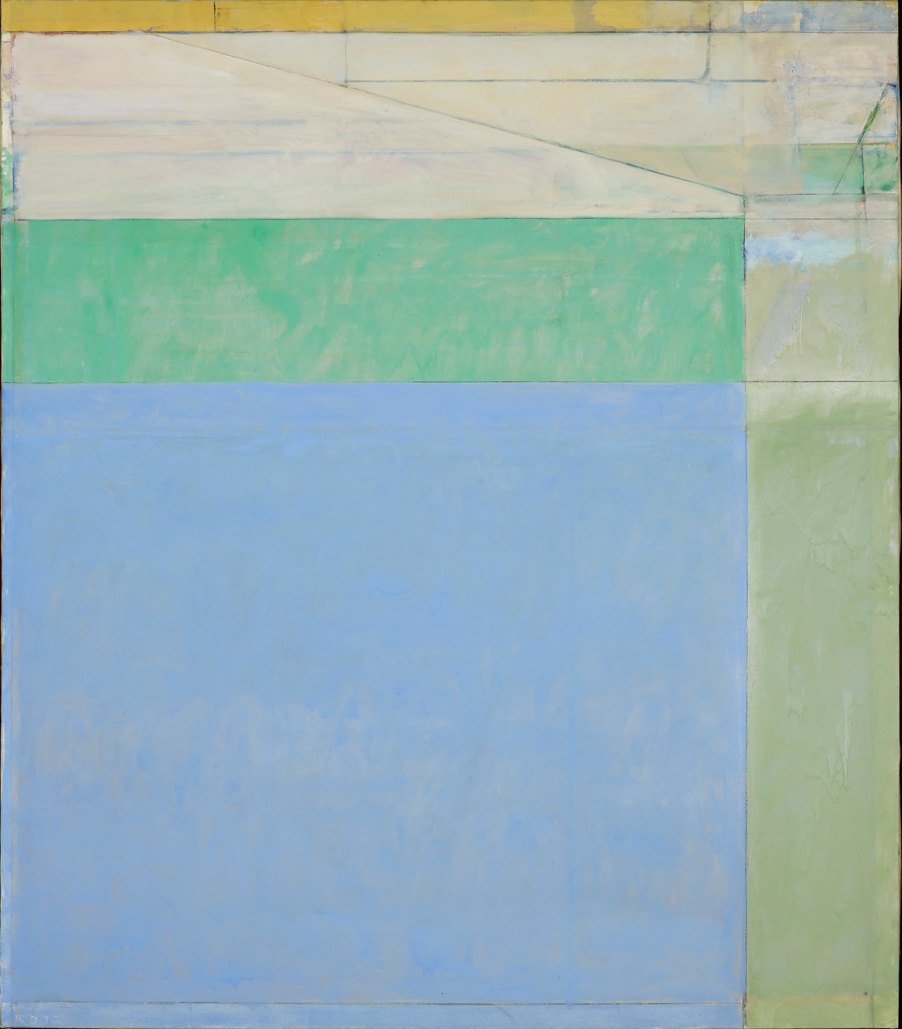 "Ocean Park No. 66" by Richard Diebenkorn, 1973, an abstract painting with an 'L' or rectangular composition of blue, green, and muted yellow color fields, evoking architectural solidity and serene balance.