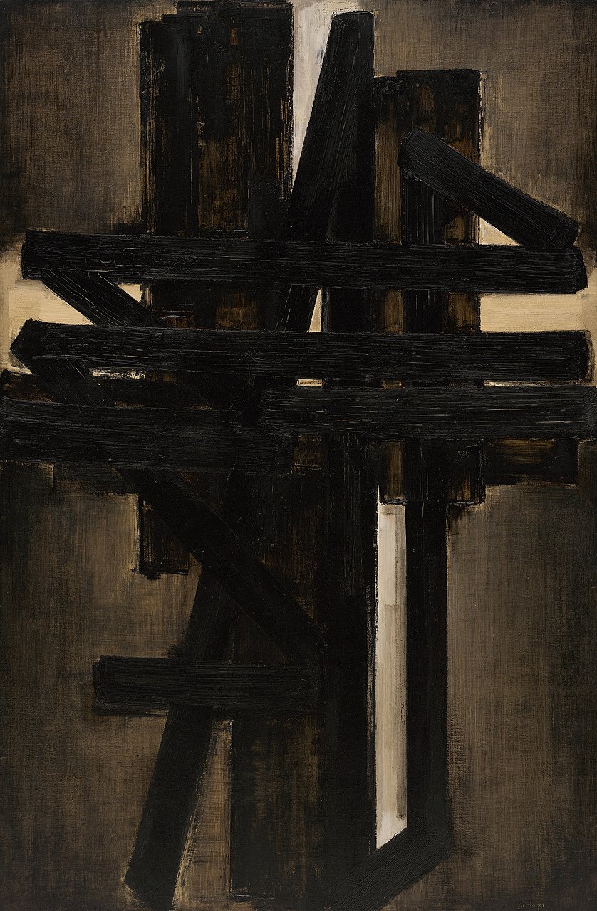 Pierre Soulages's 'Painting, 195 x 130 cm, May 1953' featuring a cruciform composition with thick, intersecting black strokes on a dark background.