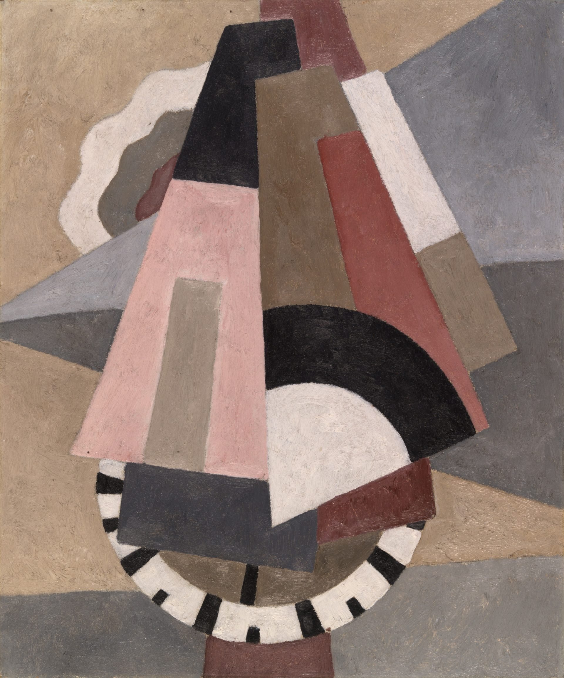 "Provincetown" by Marsden Hartley, 1916, an abstract painting featuring interlocking geometric shapes in a muted palette, suggesting a triangular composition with a strong black and white semi-circular base.