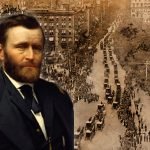 A composite image with a portrait of Lt. Gen. Ulysses S. Grant in the foreground, overlaid on a sepia-toned historical photo of his funeral procession. Grant is depicted in his military uniform, with a contemplative expression. The background shows a bustling 5th Avenue in New York, lined with densely crowded sidewalks and a seemingly endless line of carriages, as part of the three-mile-long funeral procession for the late president and Civil War general.