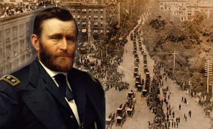 A composite image with a portrait of Lt. Gen. Ulysses S. Grant in the foreground, overlaid on a sepia-toned historical photo of his funeral procession. Grant is depicted in his military uniform, with a contemplative expression. The background shows a bustling 5th Avenue in New York, lined with densely crowded sidewalks and a seemingly endless line of carriages, as part of the three-mile-long funeral procession for the late president and Civil War general.