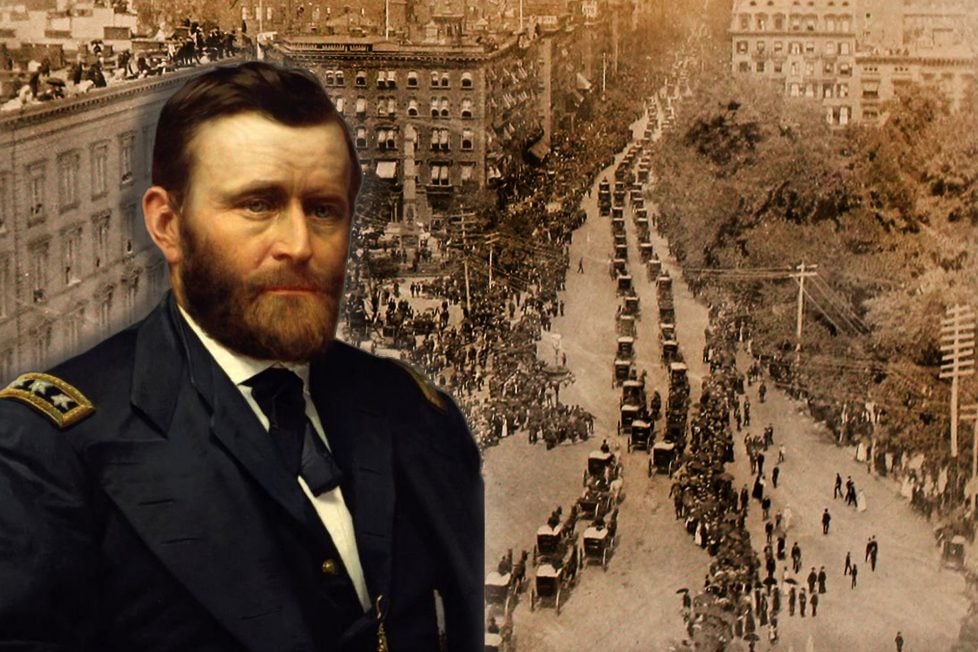 A composite image with a portrait of Lt. Gen. Ulysses S. Grant in the foreground, overlaid on a sepia-toned historical photo of his funeral procession. Grant is depicted in his military uniform, with a contemplative expression. The background shows a bustling 5th Avenue in New York, lined with densely crowded sidewalks and a seemingly endless line of carriages, as part of the three-mile-long funeral procession for the late president and Civil War general.
