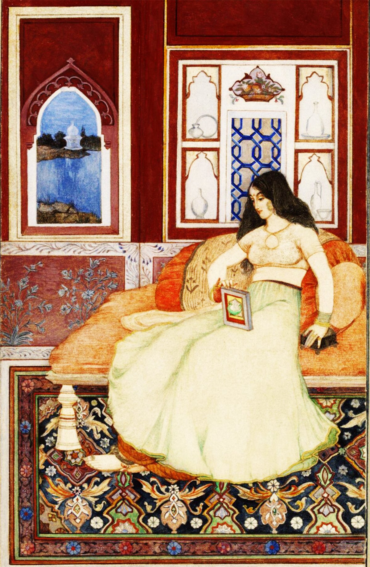 An illustration showcasing female literacy within the context of a harem library, where a woman is seated comfortably on an ornate couch, engrossed in reading a book. The setting suggests a private chamber, with a view of a serene blue landscape through a window. The rich detail of the room and the vibrant colors of the carpet, as well as the intricate design of the woman's attire, emphasize the cultural and educational aspects of the time.