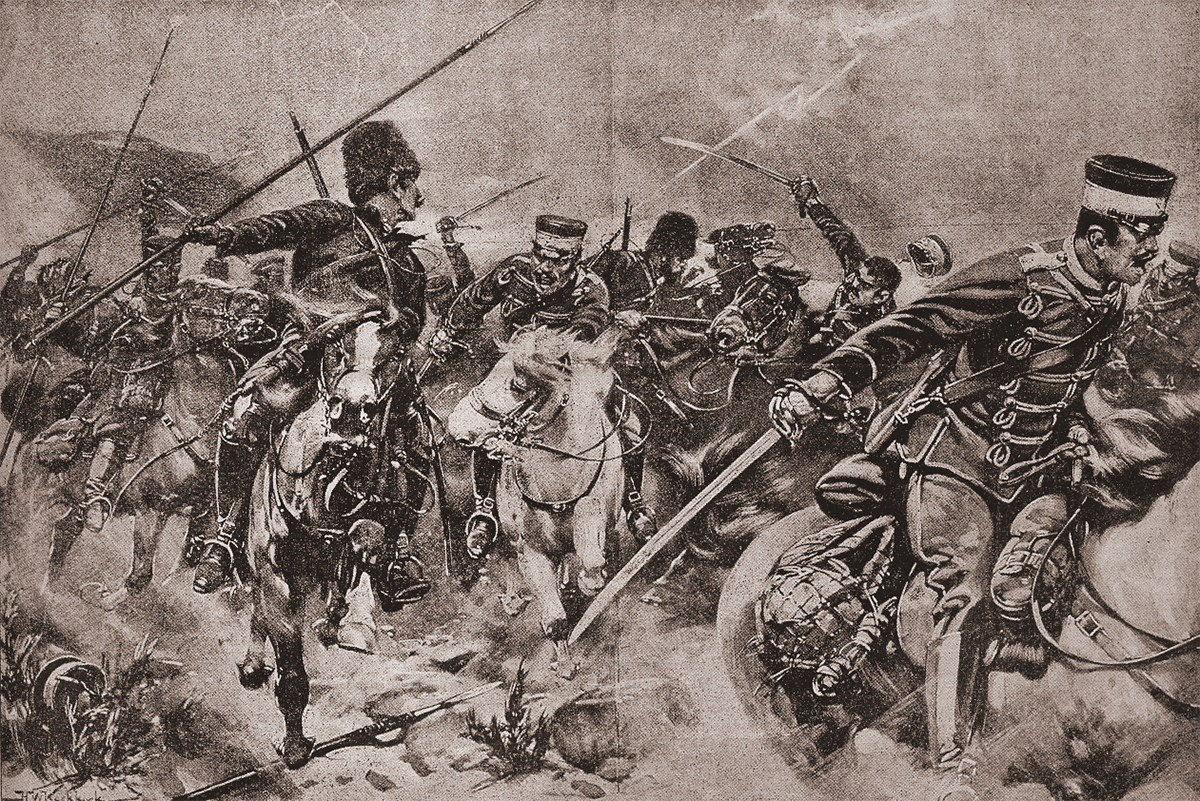 An intense monochrome illustration capturing a cavalry battle between Japanese and Russian forces, with soldiers on horseback engaged in close combat during the Russo-Japanese War.