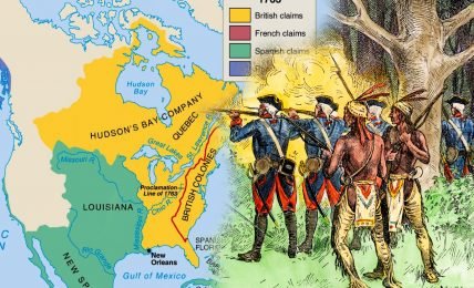 ALT: This image is a composite of two illustrations related to the Seven Years' War. On the left side of the image is a map showing territorial claims in North America following the Treaty of Paris in 1763, with areas color-coded for British, French, and Spanish claims. The right side of the image depicts a scene from the French and Indian War, with European soldiers firing muskets alongside Native American allies in a wooded area, reflecting the collaborative warfare tactics of the time. The combination of map and historical illustration suggests the geographical and military aspects of the Seven Years' War.