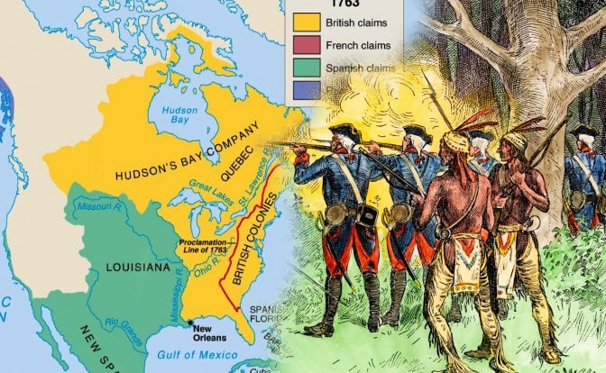ALT: This image is a composite of two illustrations related to the Seven Years' War. On the left side of the image is a map showing territorial claims in North America following the Treaty of Paris in 1763, with areas color-coded for British, French, and Spanish claims. The right side of the image depicts a scene from the French and Indian War, with European soldiers firing muskets alongside Native American allies in a wooded area, reflecting the collaborative warfare tactics of the time. The combination of map and historical illustration suggests the geographical and military aspects of the Seven Years' War.