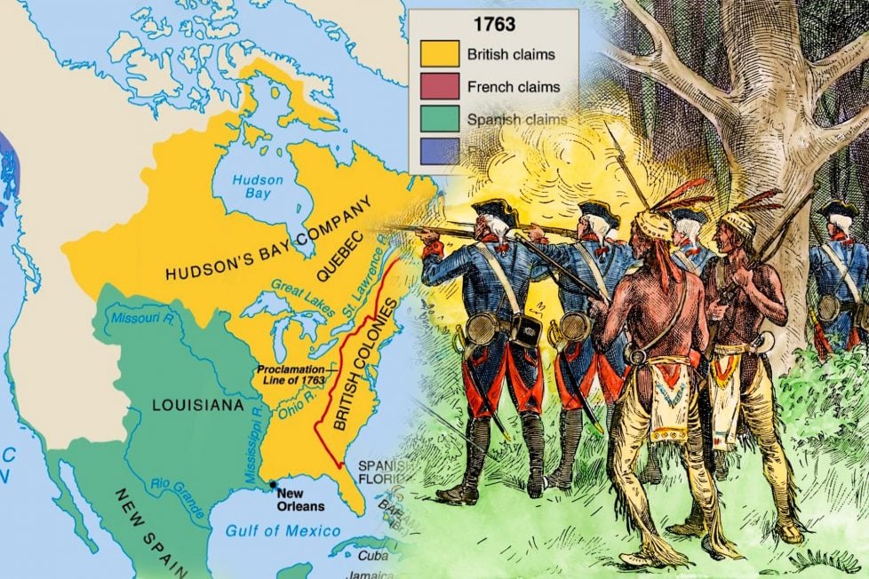 ALT: This image is a composite of two illustrations related to the Seven Years' War. On the left side of the image is a map showing territorial claims in North America following the Treaty of Paris in 1763, with areas color-coded for British, French, and Spanish claims. The right side of the image depicts a scene from the French and Indian War, with European soldiers firing muskets alongside Native American allies in a wooded area, reflecting the collaborative warfare tactics of the time. The combination of map and historical illustration suggests the geographical and military aspects of the Seven Years' War.