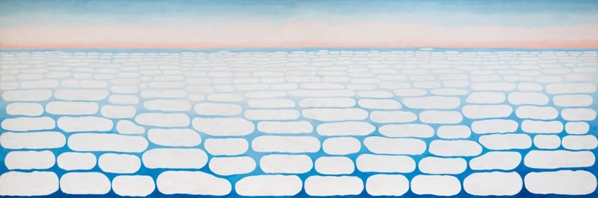"Sky above Clouds IV" by Georgia O’Keeffe, 1965, with a repetitive pattern of white cloud shapes set against a wide, horizontal blue sky gradient.
