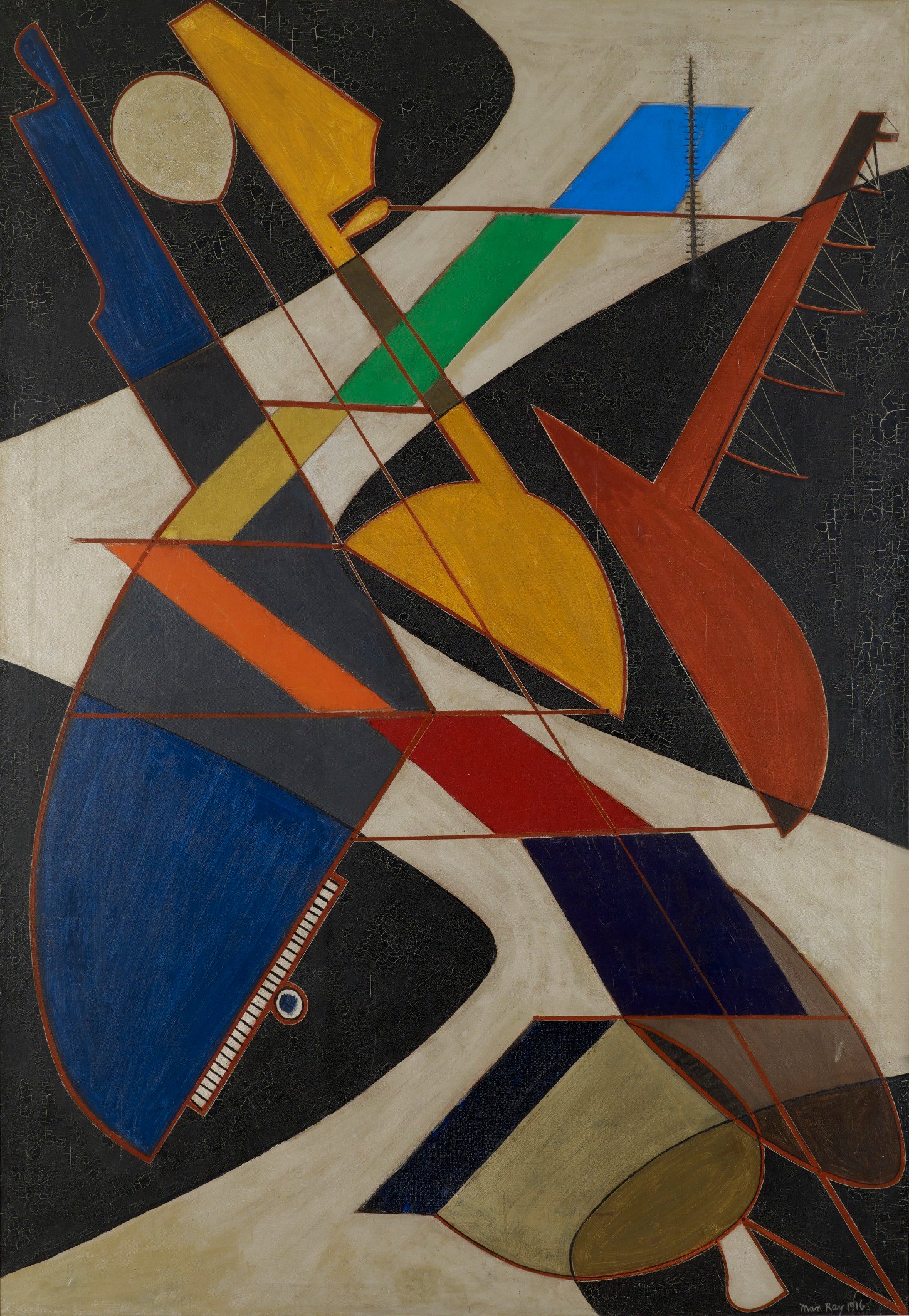 "Symphony Orchestra" by Man Ray, 1916, an abstract painting with an 'S' or compound curve composition featuring intersecting geometric shapes and curved forms in a rhythmic arrangement on a dark background.