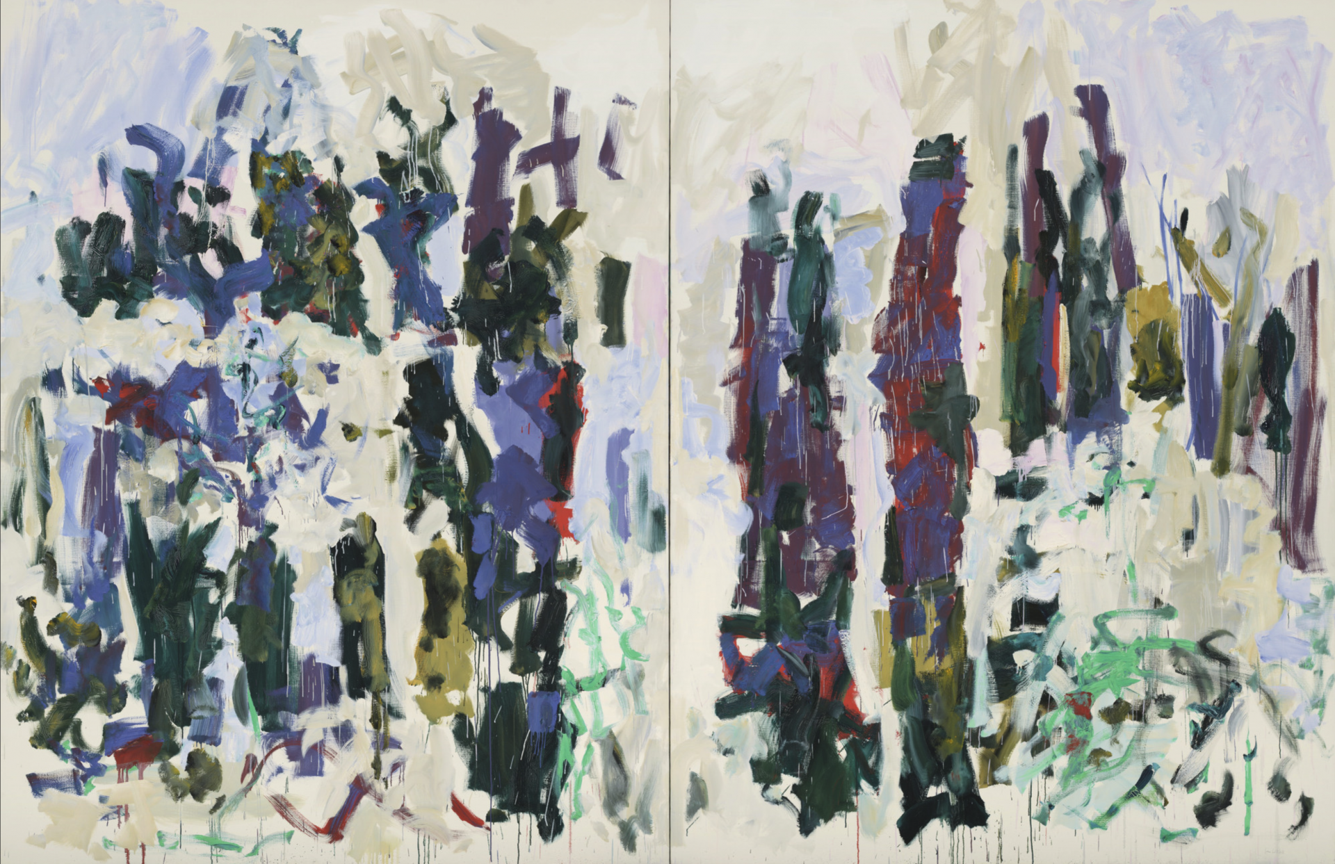 Abstract diptych by Joan Mitchell titled "Taillade" from 1990, featuring dynamic vertical brushstrokes in blues, greens, and reds on a white background, suggesting themes of growth and tension.