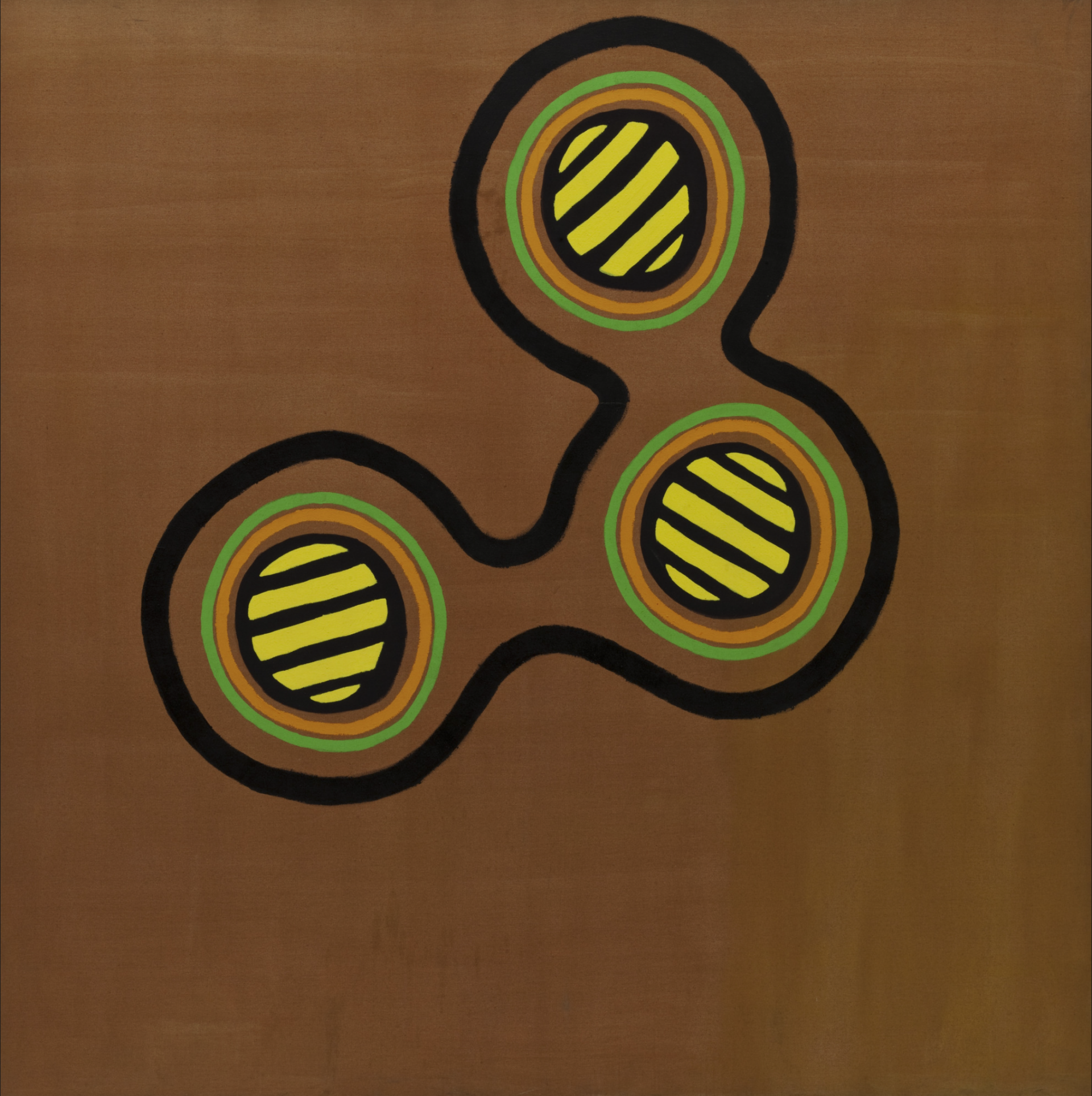 "The Whole World Has Gone Surfing" by Edward Avedisian, 1963, an abstract painting with a triangular composition of three connected circles with yellow stripes on a brown background.