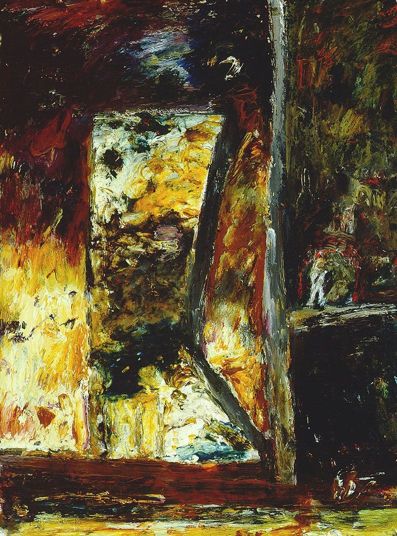  "Transpacifica Study No. 8" by John Walker, 1984, an abstract painting with a central dark tunnel-like passage framed by expressive brushwork in red, brown, black, and golden yellow hues, creating a sense of depth and movement.