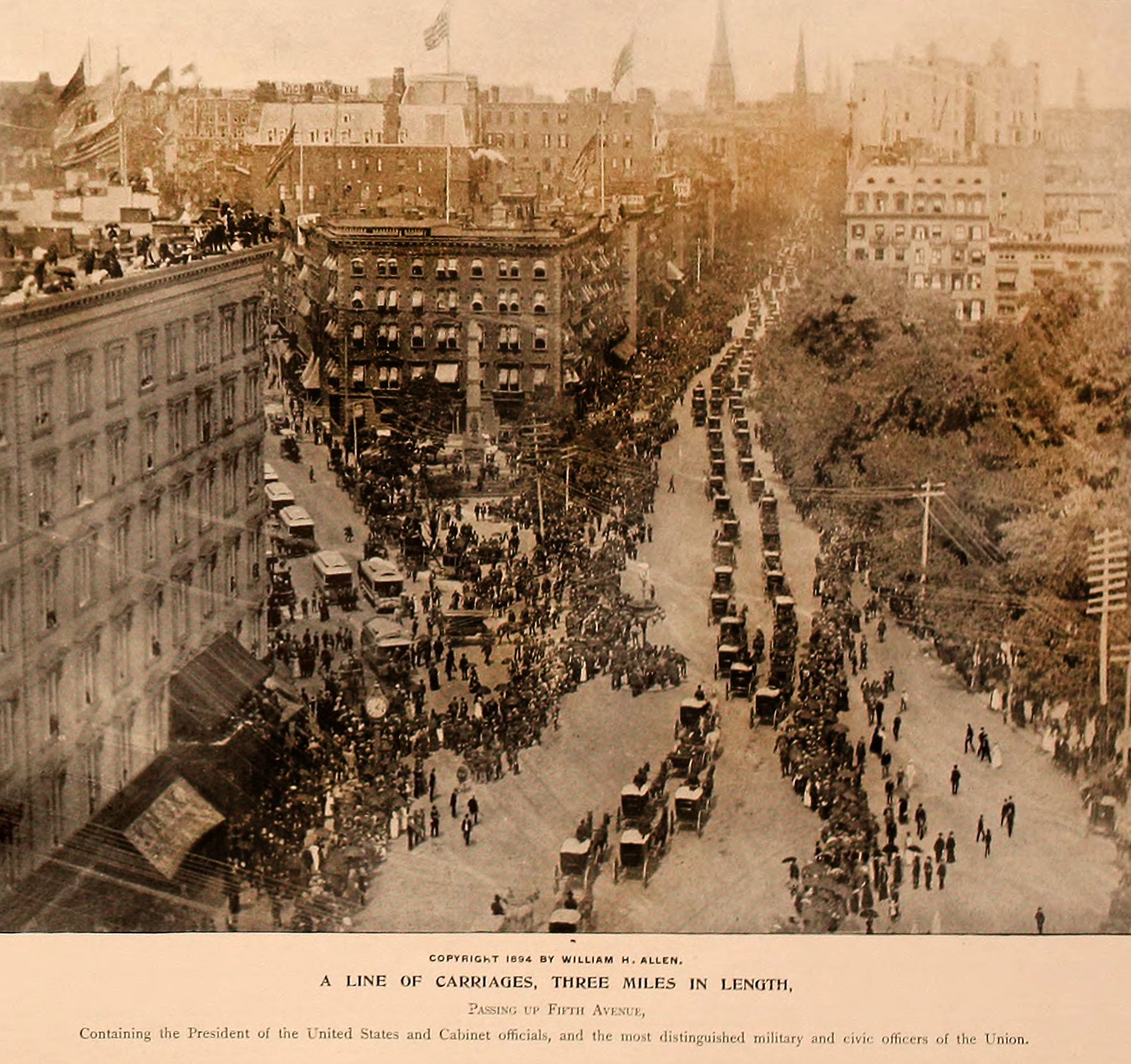 A historical photograph of Ulysses S. Grant’s funeral procession, showing a line of horse-drawn carriages stretching three miles along 5th Avenue in New York, with crowds of onlookers lining the streets and buildings adorned with American flags, as dignitaries and military personnel pay their respects.