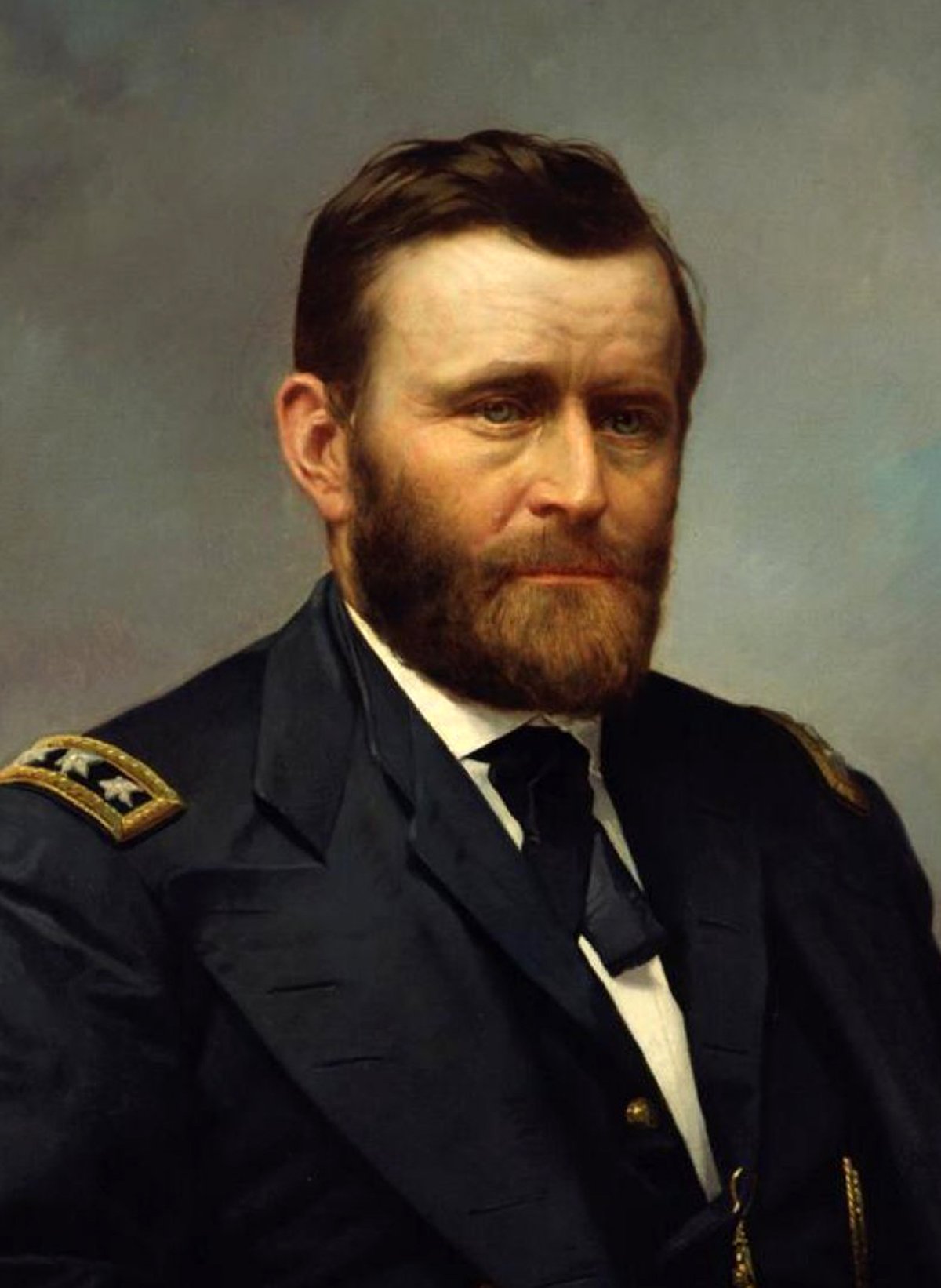 Portrait of Lt. Gen. Ulysses S. Grant by Constant Mayer, 1866, depicting Grant in a navy blue military uniform with gold shoulder straps featuring a three-star insignia, indicative of his rank as Lieutenant General. He has neatly combed hair, a full beard, and a serious expression. The background is a nondescript, muted shade, putting the focus on Grant’s visage and uniform.