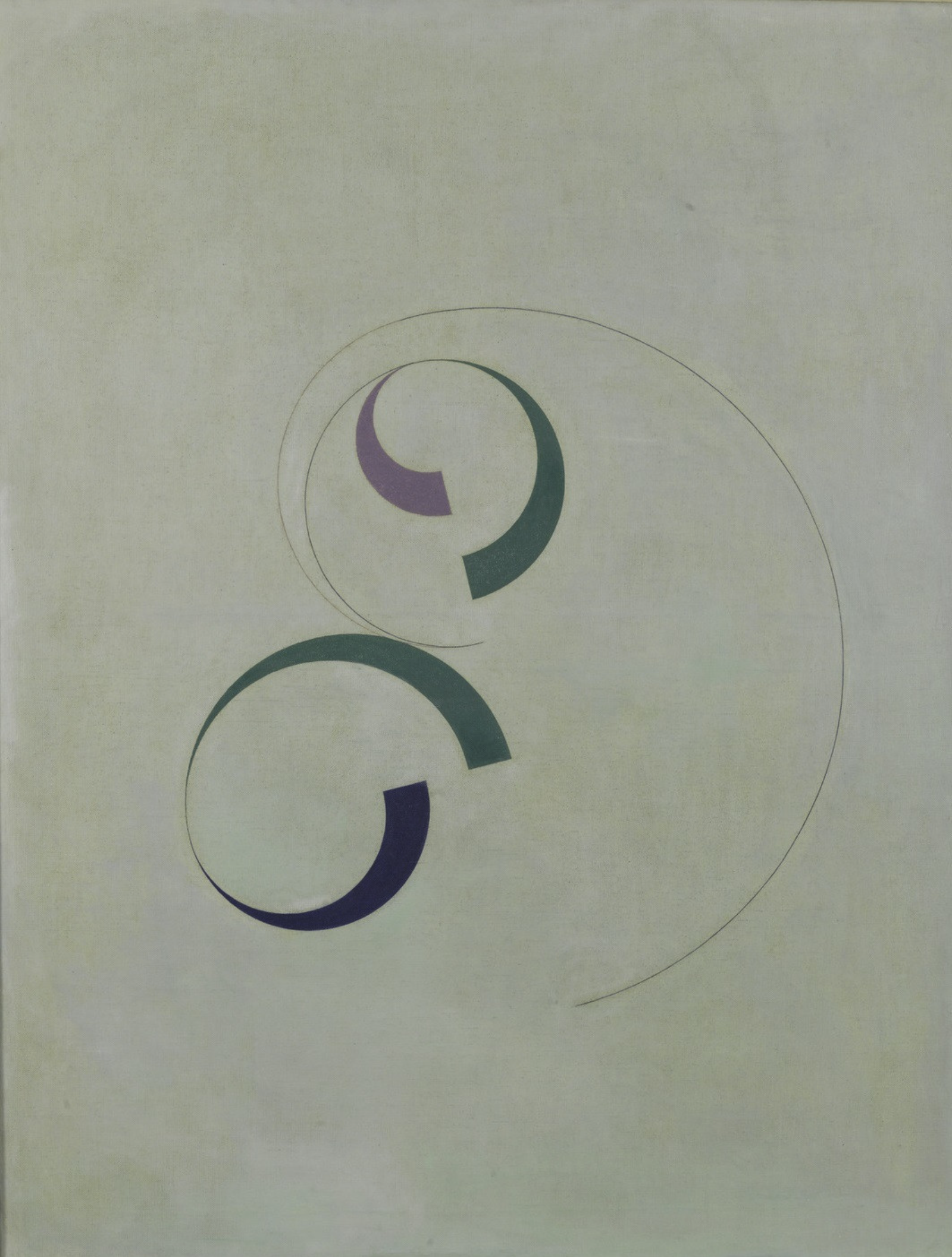 Abstract painting "Untitled" by Ivan Serpa, 1954, with elegant intertwining curves and circular segments in dark green and purple on a muted light green background, showcasing the expressive power of curvilinear composition.