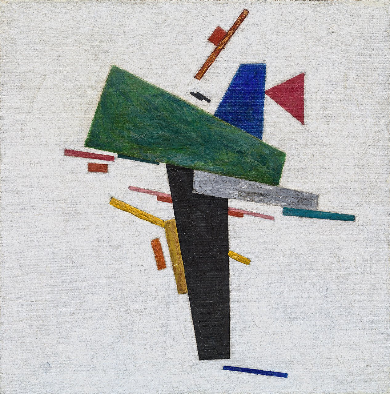"Untitled" by Kazimir Malevich, 1916, depicting a cruciform composition with geometric shapes and bold colors.