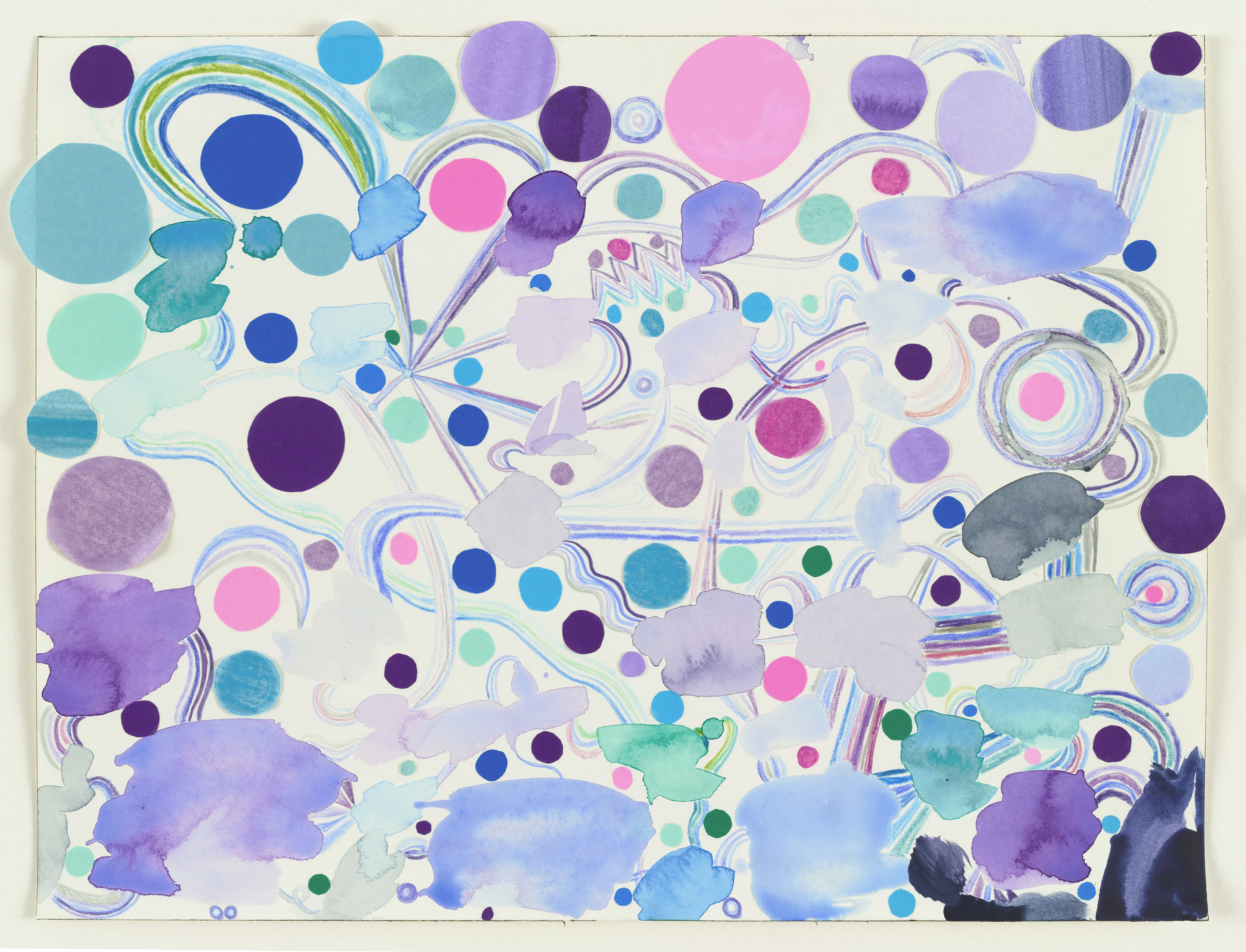 Abstract painting "Untitled" by Laura Owens, 2003, featuring a constellation composition with floating shapes and forms in blues, purples, and pinks, creating a lively and interconnected visual experience.